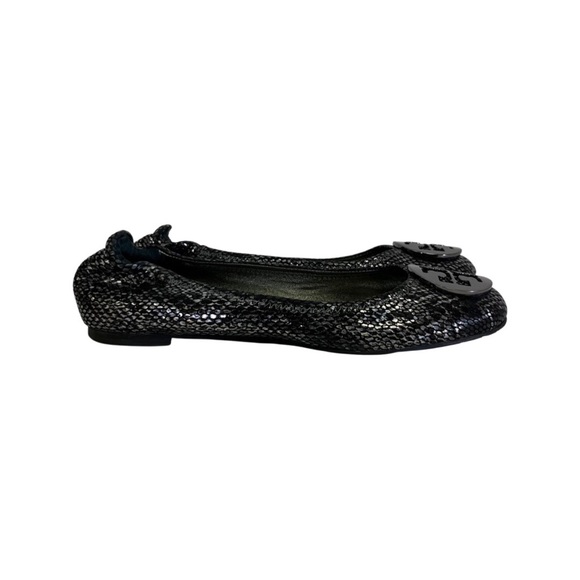 Tory Burch Black Snake Skin Print Reva Flats - Picture 4 of 7